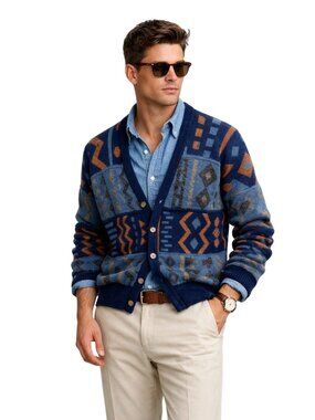 Vintage Geometric Knit Cardigan Sweater Navy Blue & Rust Sz50/M Wool Blend Men
